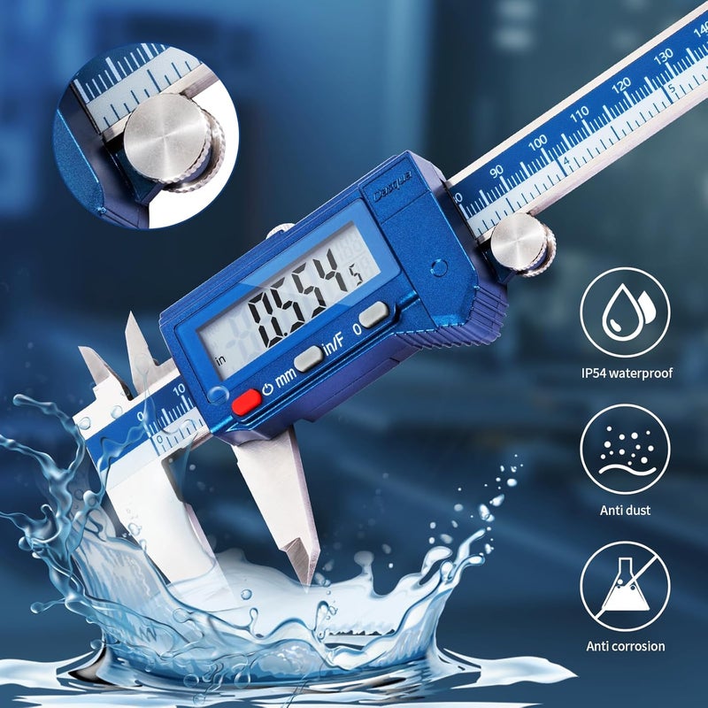 Dasqua 6” IP54 Digital Caliper, Stainless Steel Water-Resistant Precision Measuring Tool with Large LCD, Inch/Metric/Fraction Switch, Resolution 0.0005"/0.01mm/1/128, Accuracy ±0.001"/0.02mm - Image 4